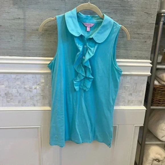 Lilly Pulitzer sleeveless drew collar ruffle top shorley blue medium tank - Picture 1 of 11